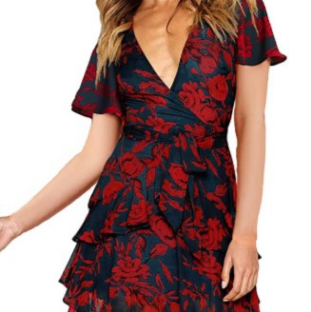 Falbala short sleeve v neck ruffle dress floral